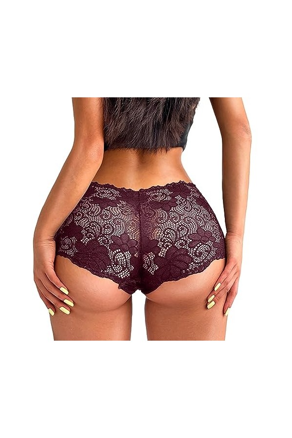 Sous-vêtement sexy en dentelle pour femme - Doux et confortable - Boxer Hipster Panties Lingerie, rouge, L