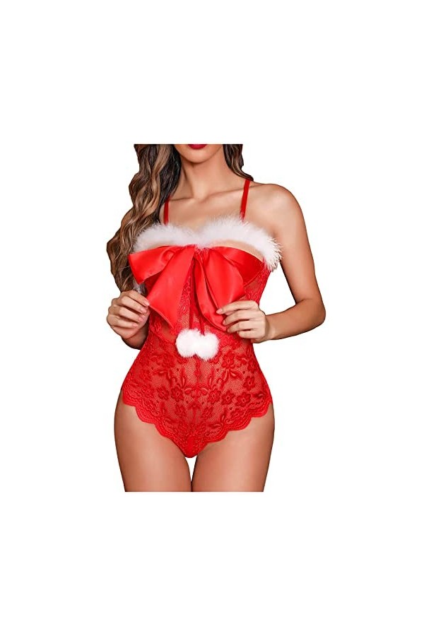 Fulidngzg Costume de Noël sexy pour femme - En dentelle - Lingerie de Noël - Une pièce - Lingerie - Teddy - Sous-vêtements se