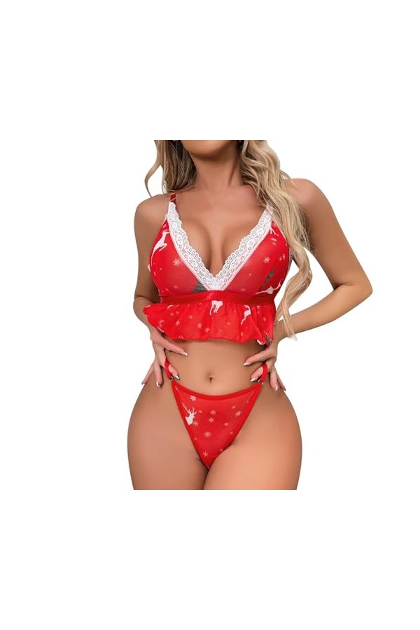 Pdakieyxnd sous-Vetements de Noël Feminins Sexy Féminin Dentelle Tenue Érotique Noir String Sensuelle Rouge Valentin Coquin S