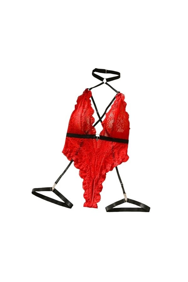 Pdakieyxnd sous-Vetements de Noël Feminins Sexy Rouge Noir Body Hot Coquin Lingerie Valentin Chaud Érotique Dentelle Féminin 