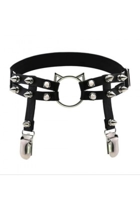 Black Sugar Unité Harnais Anneau Clous de Jambe en Cuir Double rangée Femme émotionnelle PU tête de Chat Pentagramme de Jambe