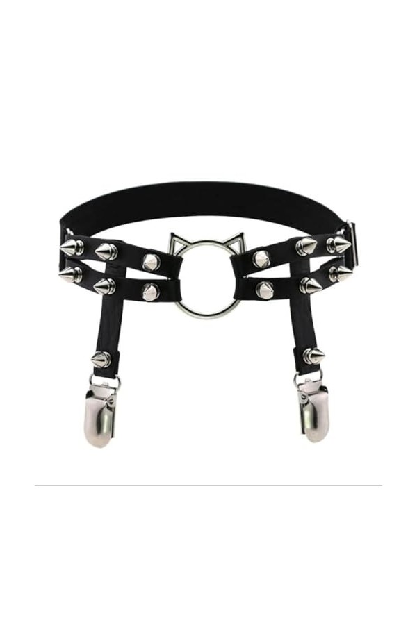 Black Sugar Unité Harnais Anneau Clous de Jambe en Cuir Double rangée Femme émotionnelle PU tête de Chat Pentagramme de Jambe