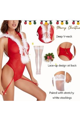 ROSVAJFY Ensemble Lingerie de Noël Femme Mere Noel Sexy Nuisette Dentelle Transparente Christmas Costume sous-Vêtements Chemi