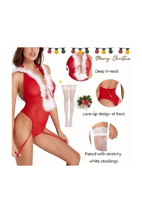ROSVAJFY Ensemble Lingerie de Noël Femme Mere Noel Sexy Nuisette Dentelle Transparente Christmas Costume sous-Vêtements Chemi