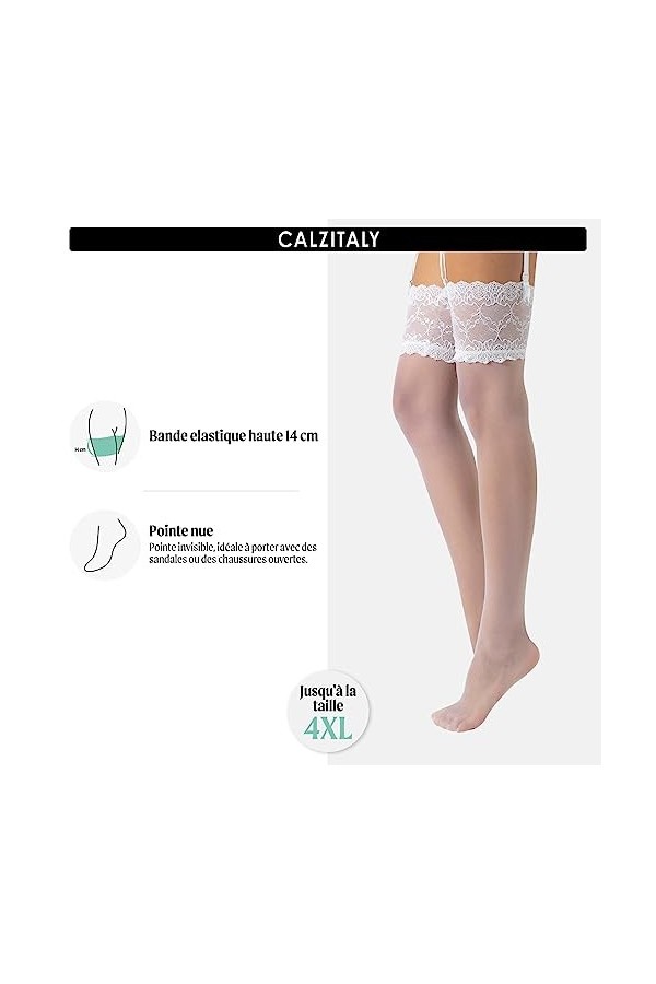 CALZITALY Bas Voile pour Porte Jarretelles avec Dentelle, Bas Mariage et Ceinture Porte-Jarretelles, 15 DEN, Noir, Ivoire, Bl