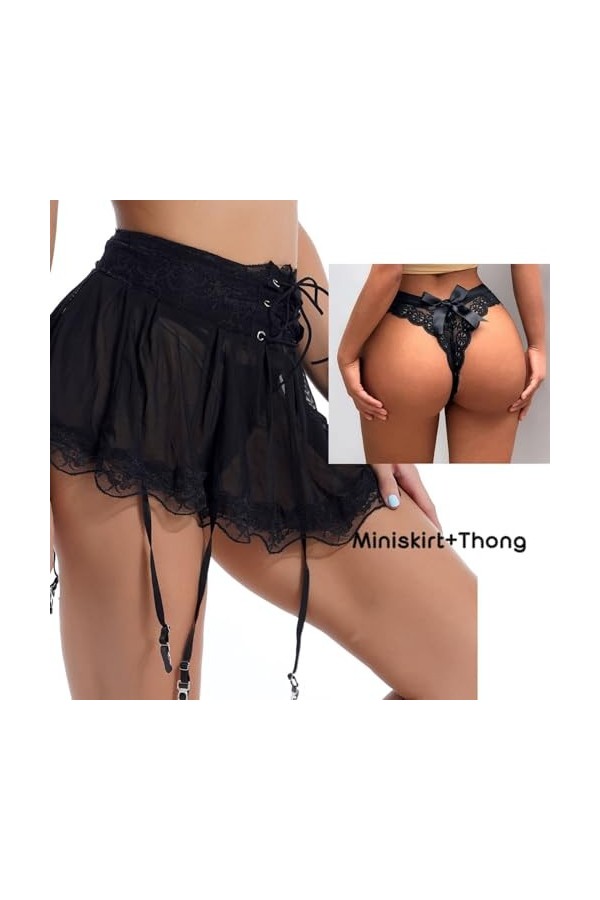 Mini Jupe Maille Sexy Femme avec Porte-Jarretelles et String Culotte Dentelle,Robe Courte Lingerie Nuisette Transparente Tail
