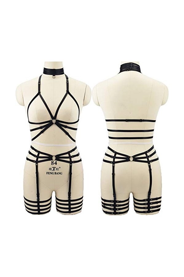 Harnais de corps complet pour femme avec porte-jarretelles élastiques réglables style punk gothique Noir N102, Noir N102, Tai