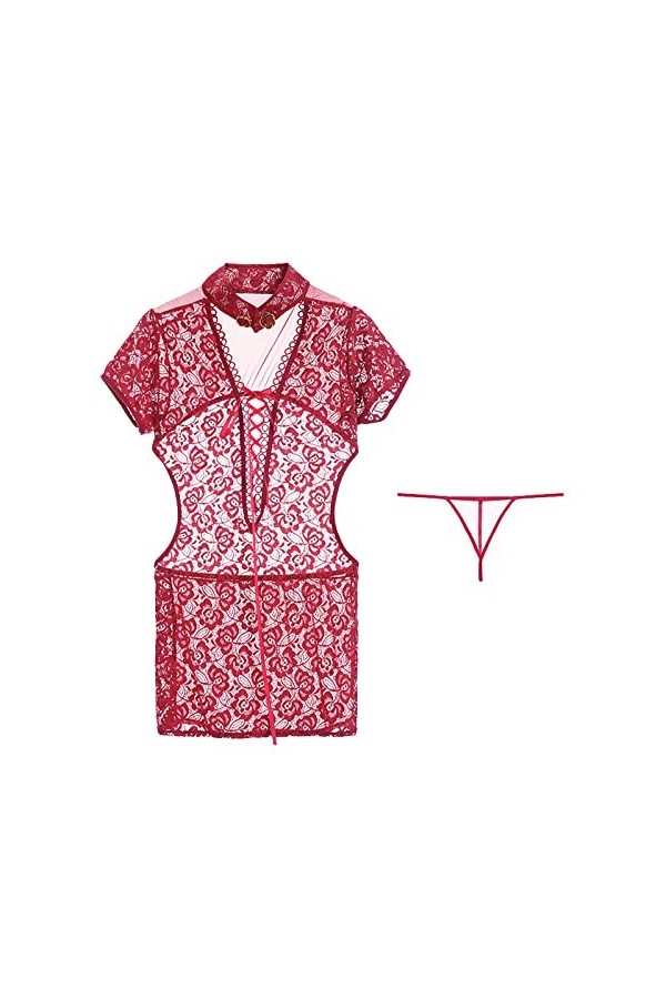 JINZIJINYU Érotique Nuisette Babydolls Sexy Couleur Unie Disque Boucle Cheongsam Dentelle Perspective Tentation Cosplay Costu