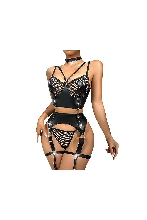 Lingerie Sexy Femme Coquine Hot Lingerie Et Vêtements Sexy Lingerie Erothique Sexy Lingerie Sexy Noir Maille Creuse en Cuir V