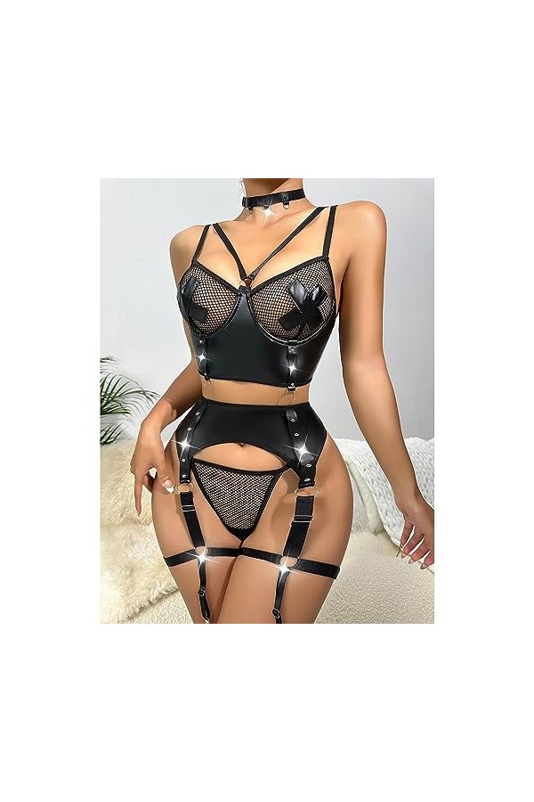 Lingerie Sexy Femme Coquine Hot Lingerie Et Vêtements Sexy Lingerie Erothique Sexy Lingerie Sexy Noir Maille Creuse en Cuir V