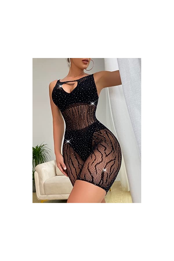 Bommi Fairy Mini robe sexy avec strass et dentelle transparente pour femme, Noir