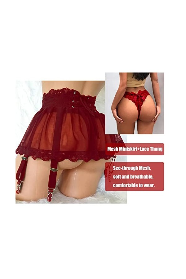 ROSVAJFY Mini Jupe Sexy Maille Femme Porte-Jarretelles String, Babydoll Transparent Lingerie VêTements de Nuit Volants Robe C