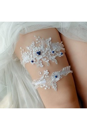 SHTGOI Lot de 2 jarretières en dentelle blanche avec perles de mariage fait à la main - Fleurs - Jarretelles de mariée - Anne