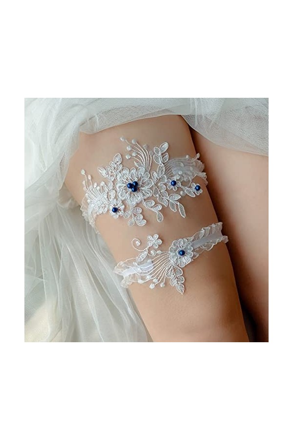 SHTGOI Lot de 2 jarretières en dentelle blanche avec perles de mariage fait à la main - Fleurs - Jarretelles de mariée - Anne