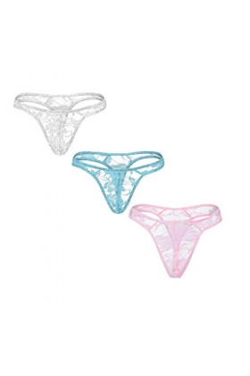 Seoilty 1PC Homme String Sexy sous-vêtements Transparent Slip en Dentelle pour Hommes Bout à Bout Ouvert Bas Sissy Culottes C