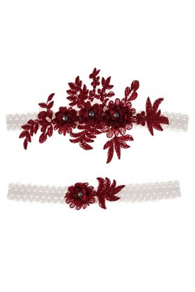 SHTGOI Lot de 2 jarretières en dentelle avec strass - Élastique vintage - Pour mariage - Pour accessoires de mariage - Rouge 