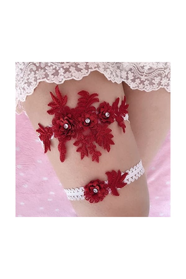 SHTGOI Lot de 2 jarretières en dentelle avec strass - Élastique vintage - Pour mariage - Pour accessoires de mariage - Rouge 