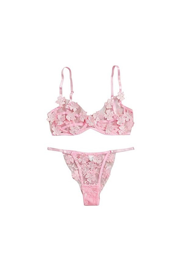 DUHGBNE Dentelle G-string Bralette Bustier Soutien-Gorge Sexy Fleurs Broderie Thong Sexy Femme Lingerie, Rose, S