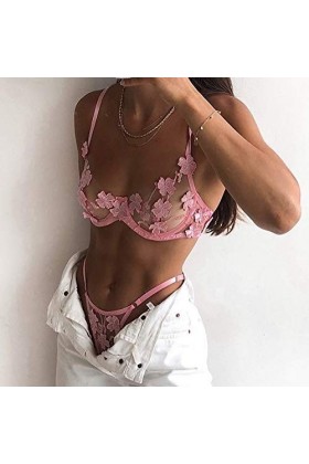 DUHGBNE Dentelle G-string Bralette Bustier Soutien-Gorge Sexy Fleurs Broderie Thong Sexy Femme Lingerie, Rose, S