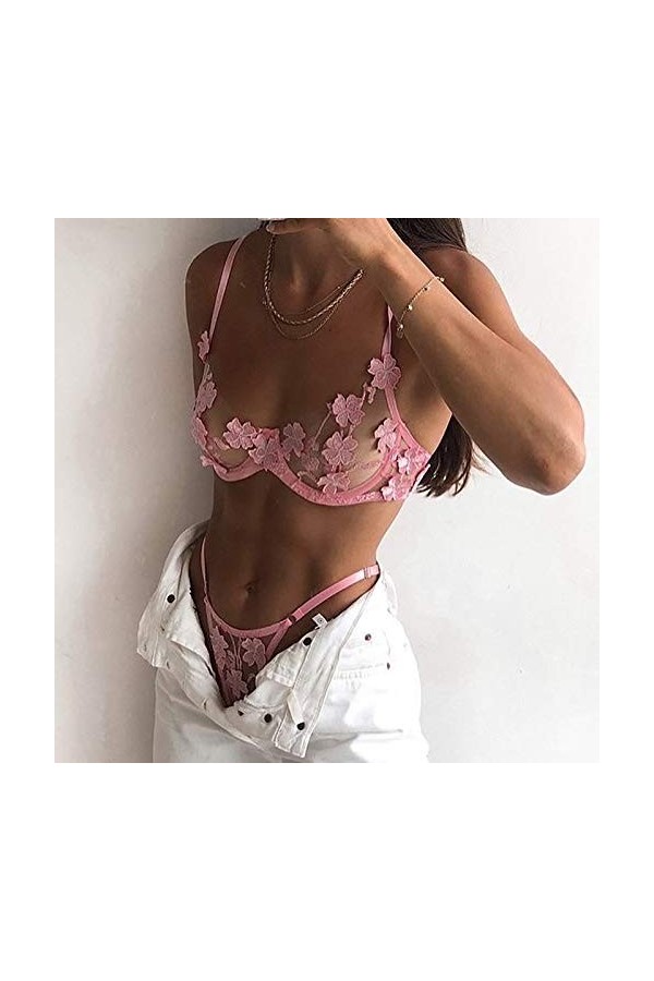 DUHGBNE Dentelle G-string Bralette Bustier Soutien-Gorge Sexy Fleurs Broderie Thong Sexy Femme Lingerie, Rose, S
