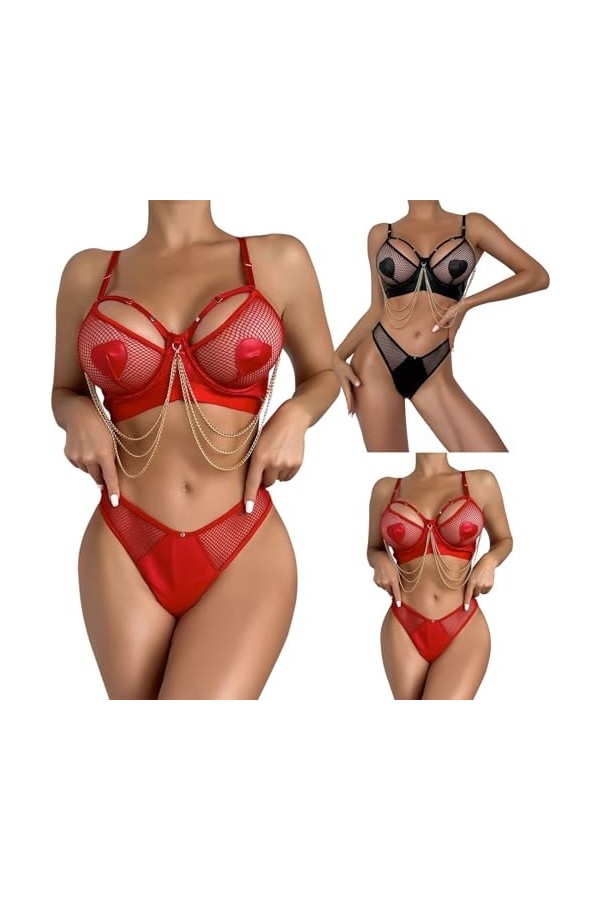 ZHIYU Ensemble de lingerie pour femme dos nu avec chaîne à pompons en métal, rouge, L