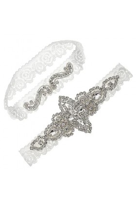 QRONCES Ensemble porte-jarretelles en dentelle extensible avec strass et perles de cristal transparent pour fête de mariage