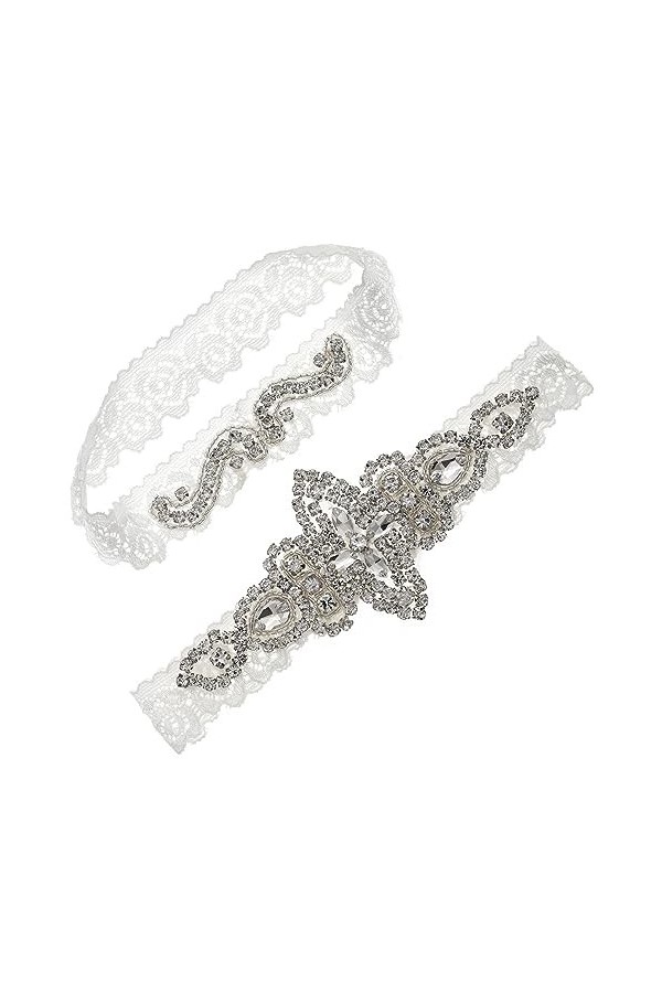 QRONCES Ensemble porte-jarretelles en dentelle extensible avec strass et perles de cristal transparent pour fête de mariage