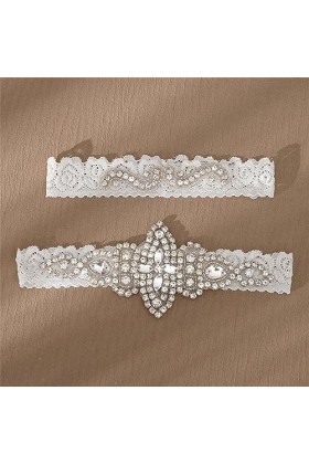 QRONCES Ensemble porte-jarretelles en dentelle extensible avec strass et perles de cristal transparent pour fête de mariage