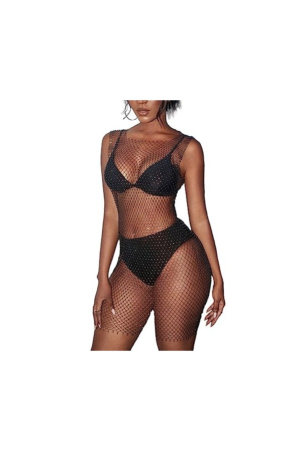CLSSLVVBN Femmes sans Manches résille Robe fête Sexy érotique Strass Transparent Robes Femme Tour Danse Costume vêtements, No