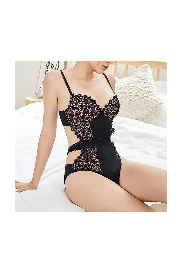 ZDJSWJ Collants en Dentelle Florale pour Femmes Ensemble de Lingerie Transparent Mesh Dolls Deep V Mini Collants sous-vêtemen