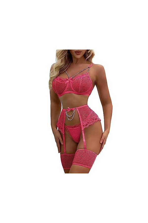 Nuisette Sexy Sensuelle Grande Taille Unie Dentelle chaîne en métal Creuse Sexy Voir à Travers lensemble de sous-vêtements A