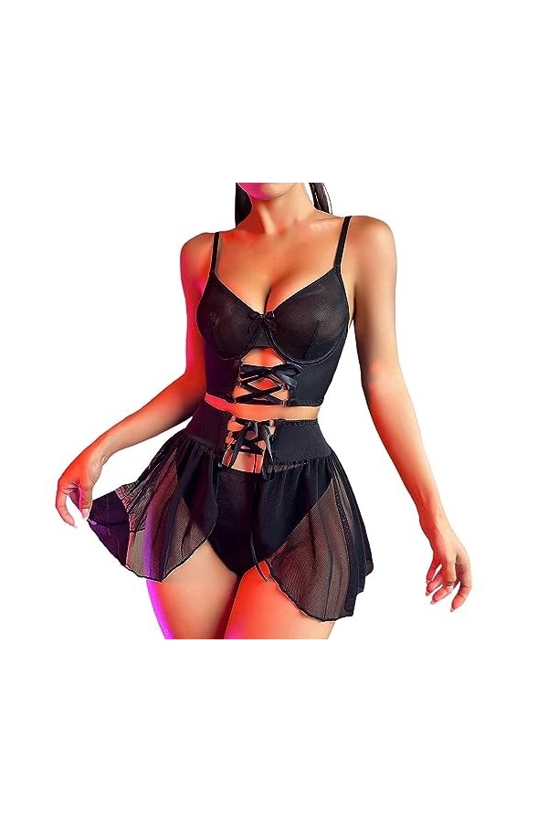 Legging Sexy Ouverte pour Femmes en Dentelle Soutien-Gorge Sexy sous-vêtements Amusants Ensemble Sexy Tablier en Maille sous-