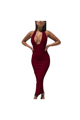 Robe Cocktail Mousseline Solide col en V Profond Dos Queue de Poisson Sexy Mince Mode Robe découpée serrée Robe Bouffante Lon