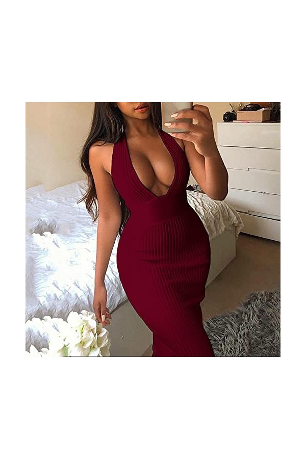 Robe Cocktail Mousseline Solide col en V Profond Dos Queue de Poisson Sexy Mince Mode Robe découpée serrée Robe Bouffante Lon