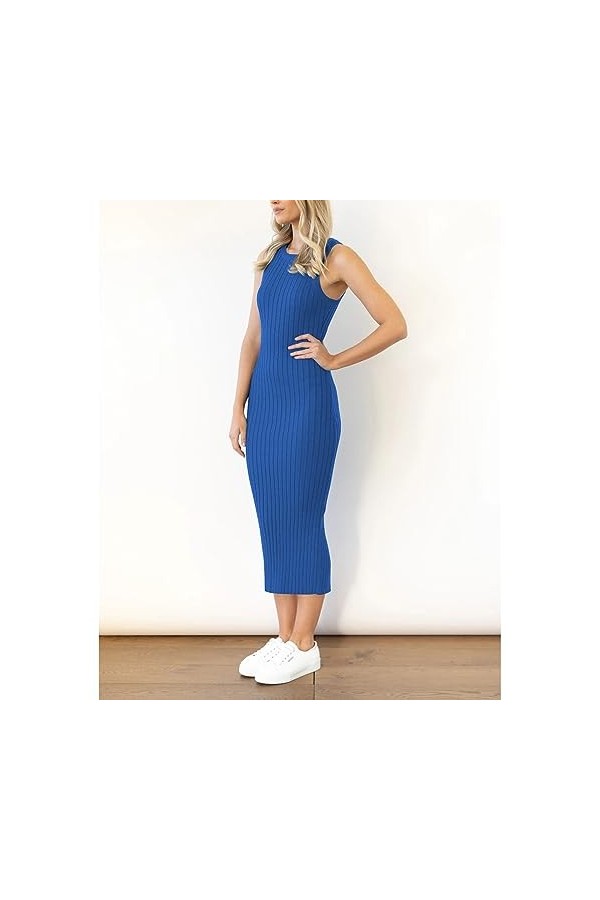 xxxiticat Robe débardeur en tricot côtelé sans manches sexy pour femme, bleu, L