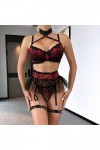 liaddkv Ensemble de 4 pièces sexy avec broderie florale et coutures en maille, Noir , M