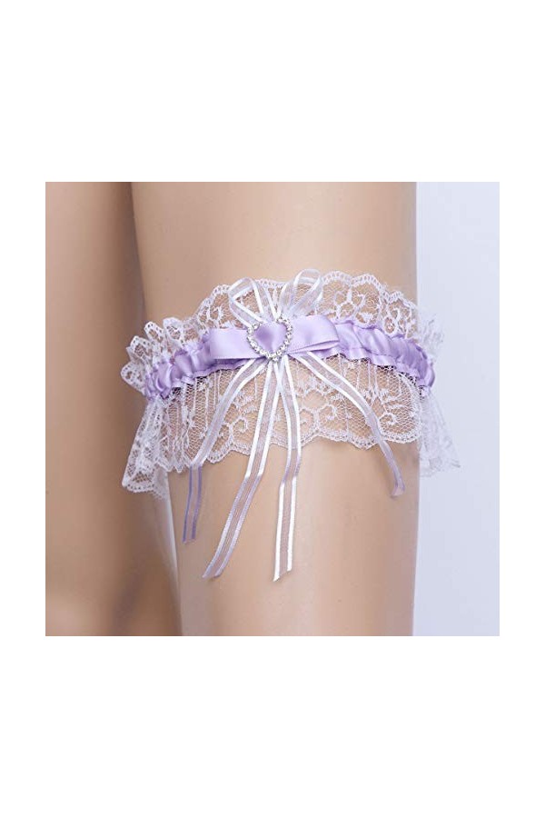 Amosfun Jarretières de mariée élastique en Forme de cœur en Dentelle et Strass Floraux pour fête de Mariage - Violet - Medium