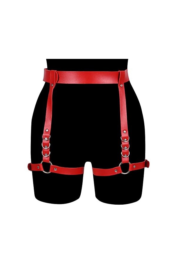 Jarretières de jambe en cuir pour femme - Harnais gothique, Rouge, 110A
