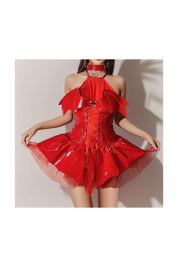 Générique Mini Robe Moulante Sexy Femme Wetlook Épaules Dénudées Taille Empire avec Cordon Croisées Cosplay Petit Diable Robe