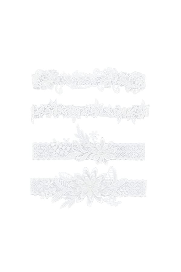 AHANDMAKER 4 pièces Jarretelles de Mariage en Dentelle de Charme, 4 Styles de jarretière en Dentelle Blanche avec Motif de Fl