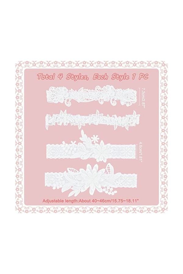 AHANDMAKER 4 pièces Jarretelles de Mariage en Dentelle de Charme, 4 Styles de jarretière en Dentelle Blanche avec Motif de Fl