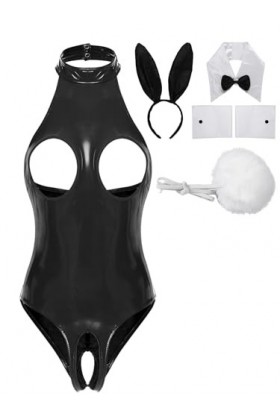 JEATHA Costume De Lapin Sexy Femme Bodysuit Sexy Ouvert Poitrine Catsuit Similicuir Sans Manches Ensemble Lingerie Séduction 