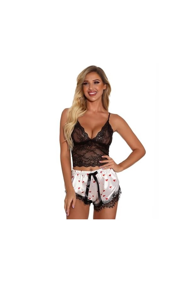 CHOUBAGUAI Ensemble de Pyjama Sexy avec Jarretelles en Dentelle et sous-vêtements - Jarretelles Noires + Coeur Blanc - XL