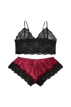 CHOUBAGUAI Jarretelles Maille Dentelle Une pièce Lingerie Sexy-Bordeaux-M