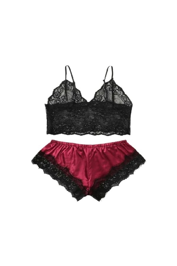 CHOUBAGUAI Jarretelles Maille Dentelle Une pièce Lingerie Sexy-Bordeaux-M
