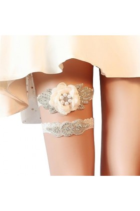 Newwyt Ensembles de jarretières de mariée en Dentelle Extensible avec Strass et Perles en Cristal Clair Anneaux de Jambe pour