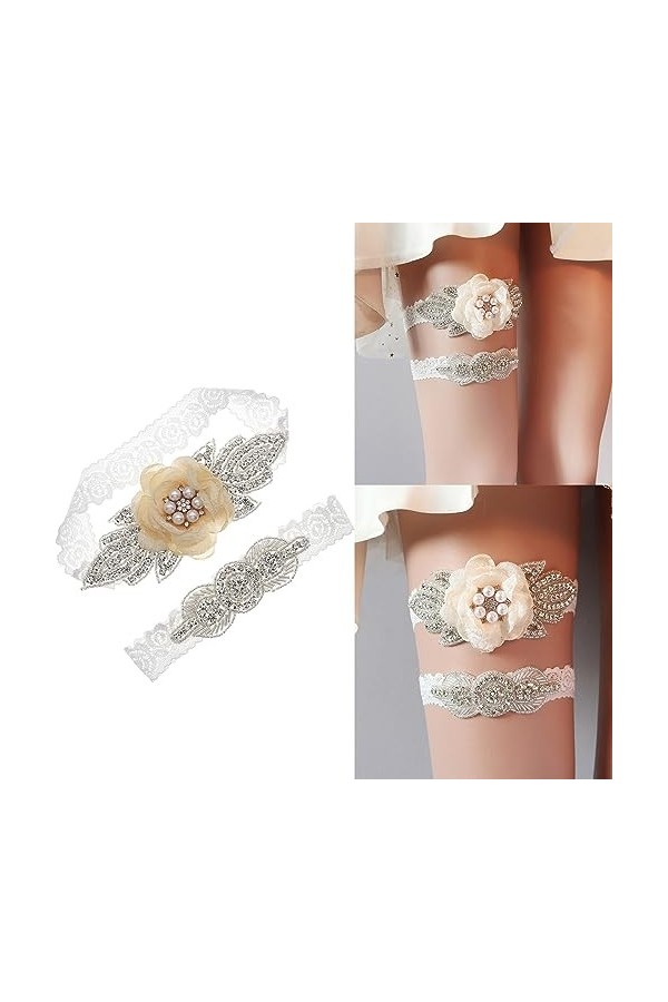 Newwyt Ensembles de jarretières de mariée en Dentelle Extensible avec Strass et Perles en Cristal Clair Anneaux de Jambe pour
