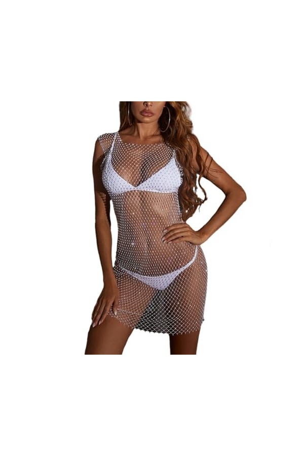 CLSSLVVBN Femmes sans Manches résille Robe fête Sexy érotique Strass Transparent Robes Femme Tour Danse Costume vêtements, Bl
