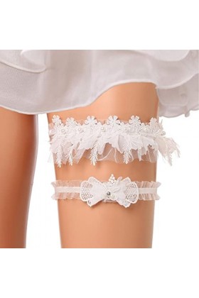 Flayem Lot de 2 jarretières de mariage en dentelle florale avec pampilles et perles pour mariage