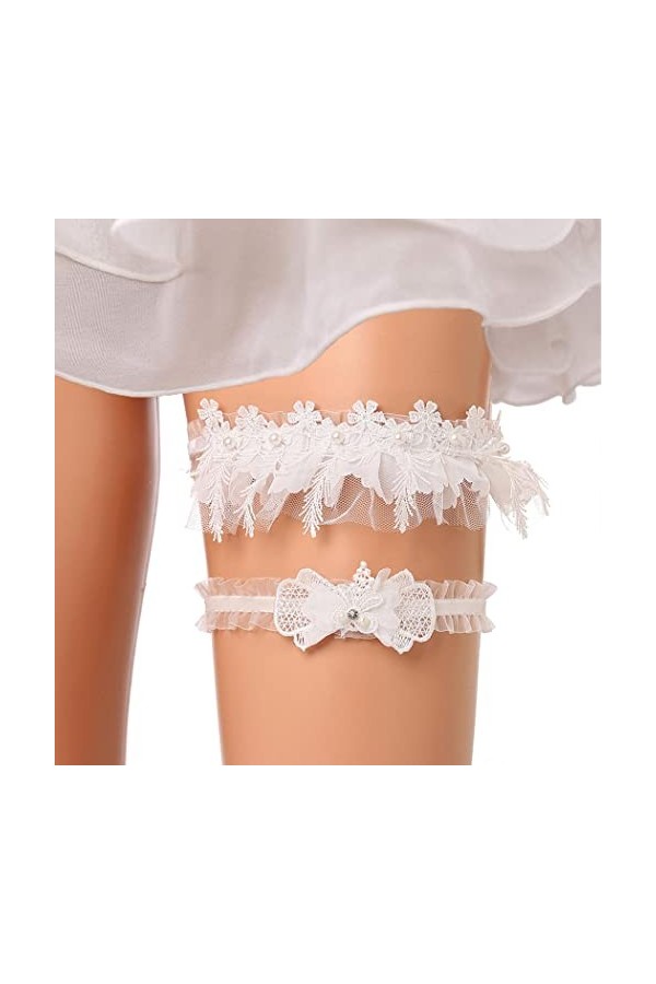 Flayem Lot de 2 jarretières de mariage en dentelle florale avec pampilles et perles pour mariage
